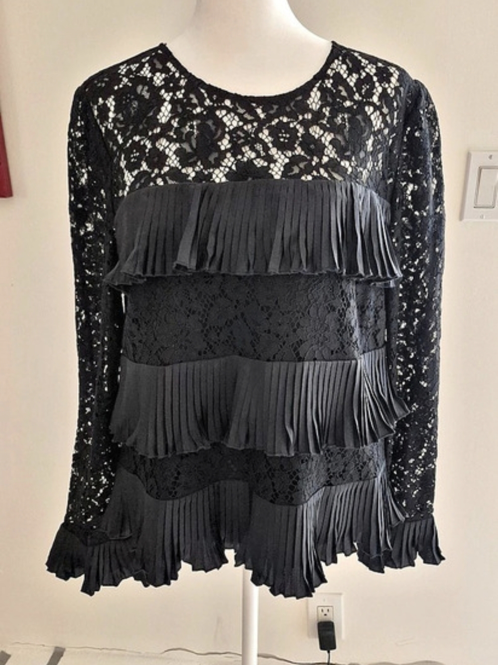 J.Crew Black Lace Fringe Blouse Size 10 Like New